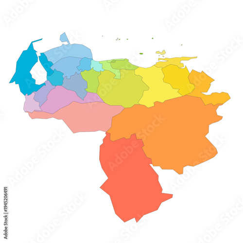 Venezuela political map of administrative divisions - states, capital district and federal dependencies. Rainbow spectrum colorful blank vector map.