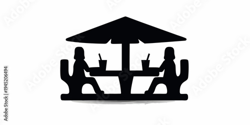 Two people silhouette sitting at a picnic table under an umbrella, enjoying drinks in a minimalist black and white graphic, design represents outdoor relaxation and casual dining