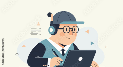 Cartoon person with headphones and glasses working on laptop