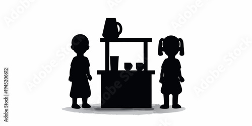 Children silhouettes at a beverage stand, summer fun concept, vector illustration, illustrates summer fun, outdoor activities, or a small business concept, black and white
