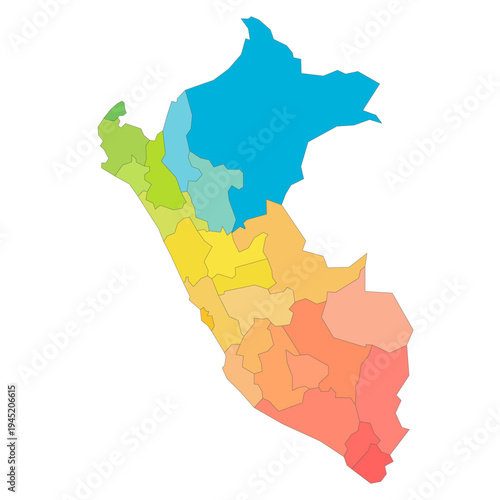Peru political map of administrative divisions - departments. Rainbow spectrum colorful blank vector map.