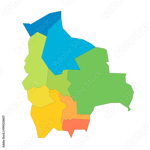 Bolivia political map of administrative divisions - departments. Rainbow spectrum colorful blank vector map.