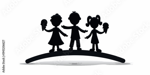 Three kids silhouette with arms outstretched holding ice cream cones on a curved surface, black and white graphic, they are standing on a curved shape, conveying a sense of freedom and enjoyment