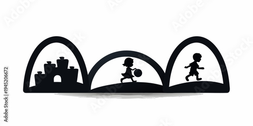Children playing through arches, vector illustration, childhood fantasy, evokes childhood fun and imagination, black and white, flat design