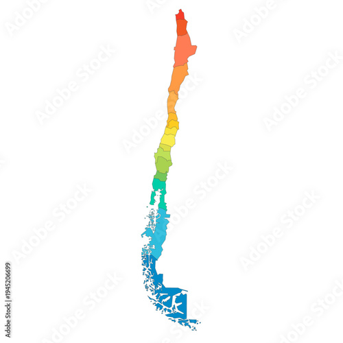 Chile political map of administrative divisions - regions. Rainbow spectrum colorful blank vector map.