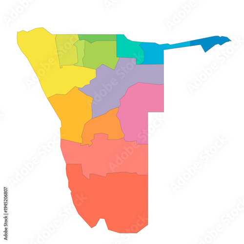 Namibia political map of administrative divisions - regions. Rainbow spectrum colorful blank vector map.