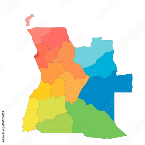 Angola political map of administrative divisions - provinces. Rainbow spectrum colorful blank vector map.