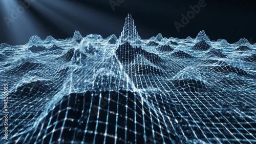 Dynamic blue digital landscape visualizes complex data, showcasing abstract wireframe terrain and futuristic network cyberspace