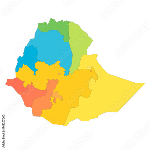 Ethiopia political map of administrative divisions - regions and chartered cities. Rainbow spectrum colorful blank vector map.