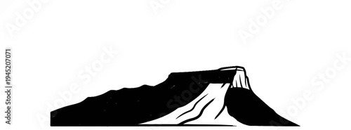 Black ink illustration of a layered mountain with a waterfall cascading down