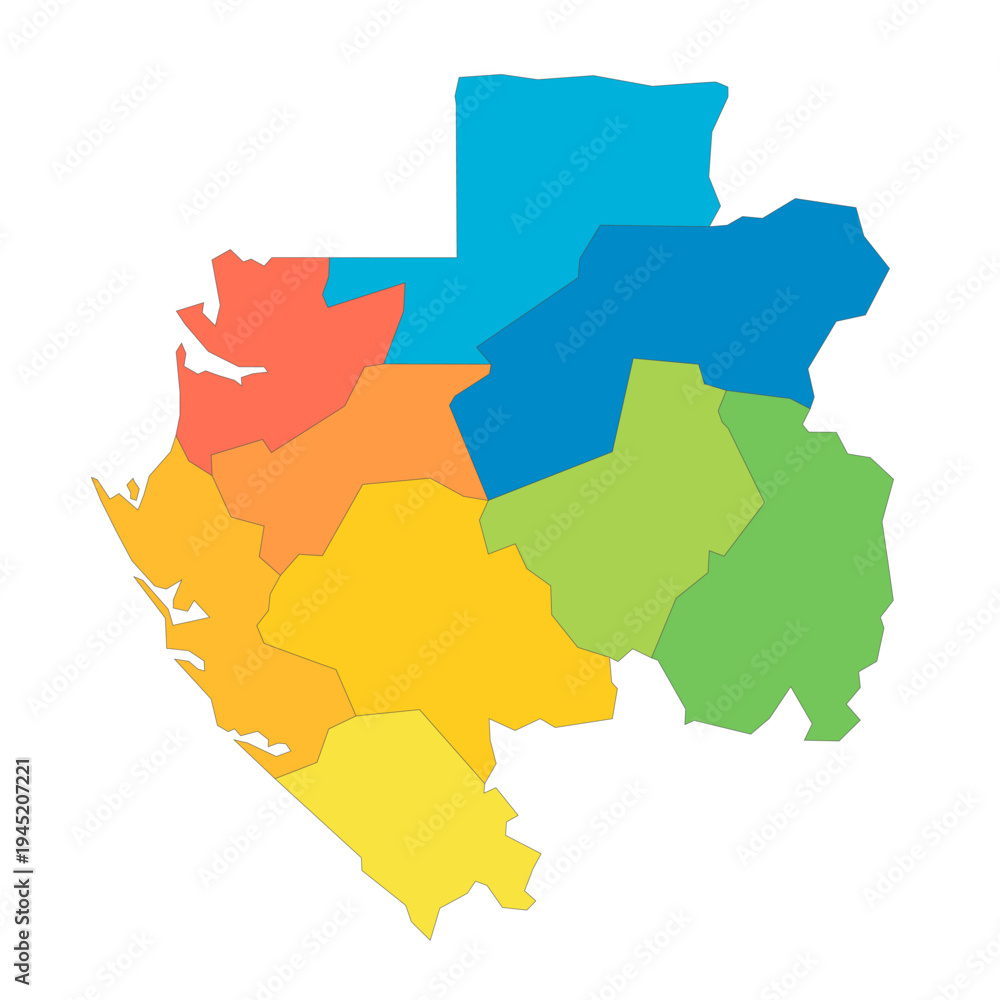 Fototapeta premium Gabon political map of administrative divisions - provinces. Rainbow spectrum colorful blank vector map.