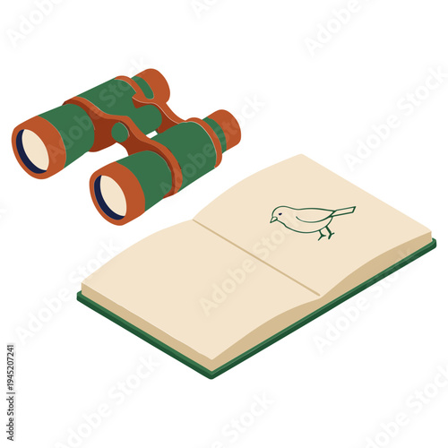 Person using binoculars to observe a bird in an open notebook outdoors