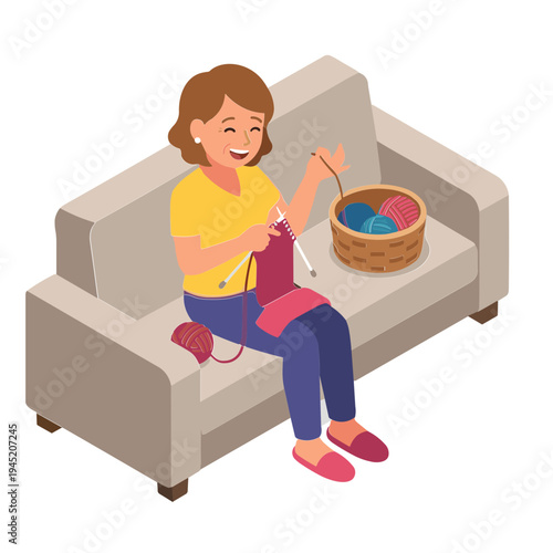 Woman sitting on a couch enthusiastically knitting with yarn and needles.