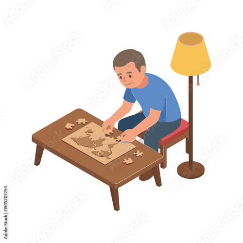 Man sitting on chair assembling jigsaw puzzle on wooden table next to lamp