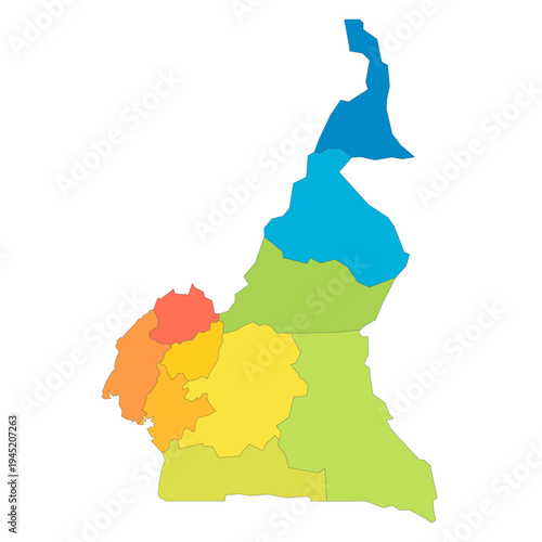 Cameroon political map of administrative divisions - regions. Rainbow spectrum colorful blank vector map.