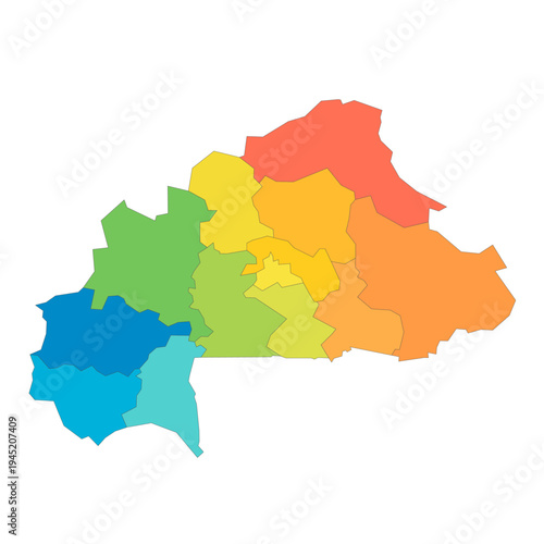Burkina Faso political map of administrative divisions - regions. Rainbow spectrum colorful blank vector map.