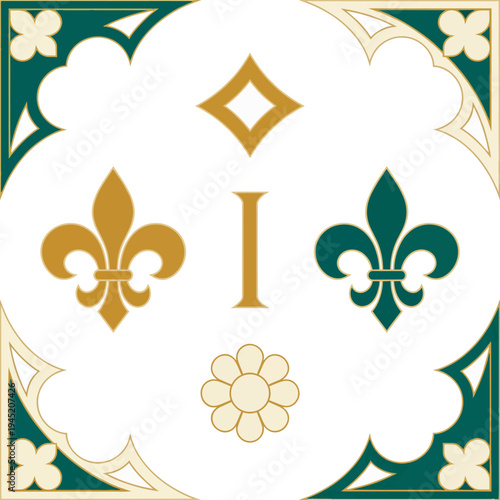 Decorative heraldic design with fleur de lis and geometric elements