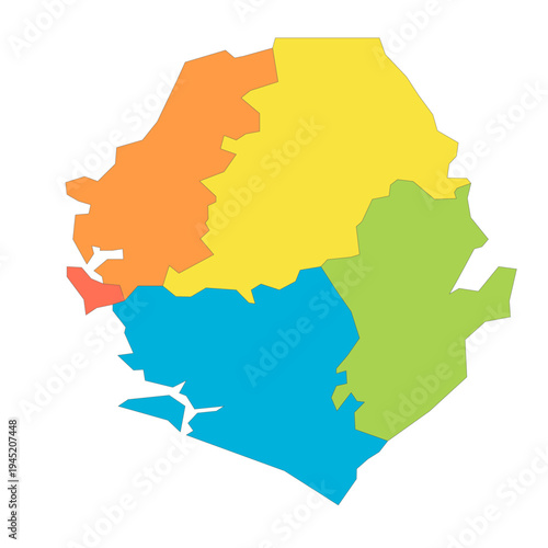 Sierra Leone political map of administrative divisions - provinces and one area. Rainbow spectrum colorful blank vector map.