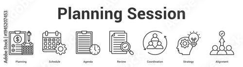 Planning Session web banner icon set vector illustration concept for business with icon of Planning, Schedule, Agenda, Review, Coordinati.