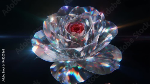 A stunning crystal rose with a vibrant red center, reflecting light and creating beautiful prismatic effects against a dark background.