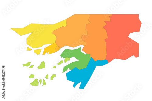 Guinea-Bissau political map of administrative divisions - regions and autonomous sector of Bissau. Rainbow spectrum colorful blank vector map.