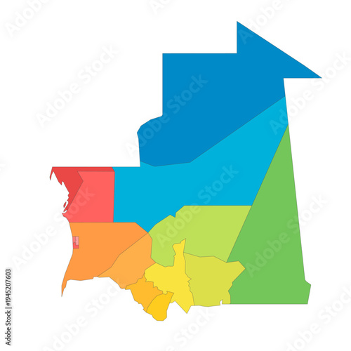 Mauritania political map of administrative divisions - regions and Nouakchott departments. Rainbow spectrum colorful blank vector map.