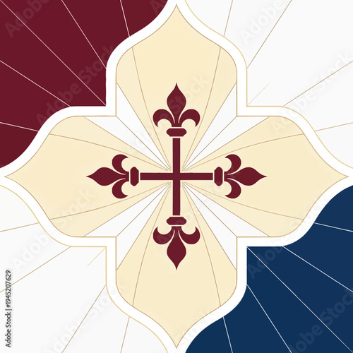Geometric cross design with fleur de lis elements and color blocking