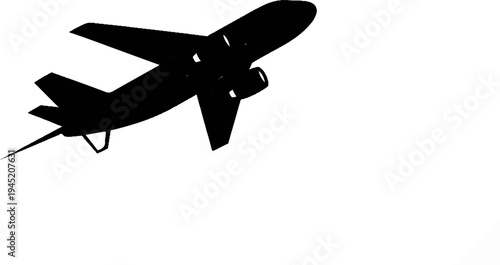 Black silhouette of a commercial jet airplane in flight, white background