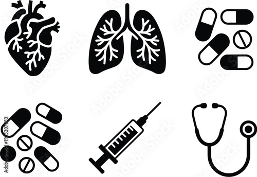 Medical icons set, black silhouette vector illustrations of heart lungs pills capsules syringe stethoscope hospital equipment and healthcare symbols for professional medical design.