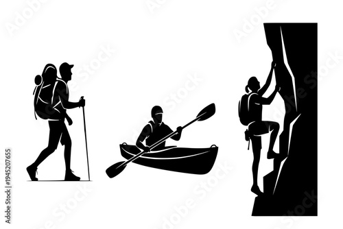 Outdoor Adventure Sports Set Hiker Kayaker Climber Silhouette Collection Nature Recreation Black Vector
