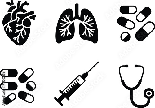 Medical icons set, minimalist black and white vector collection featuring heart lungs medication stethoscope syringe and hospital equipment for healthcare and medicine graphics.