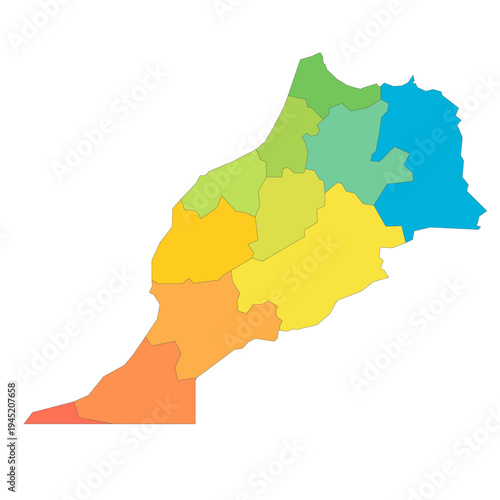 Morocco political map of administrative divisions - regions. Rainbow spectrum colorful blank vector map.