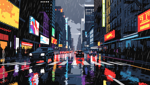 City street at night in rain, reflections on wet road, neon lights, cinematic urban photography.