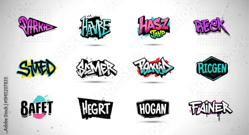 Collection of graffiti-style word art featuring various names and terms with edgy, urban designs and vibrant color accents.