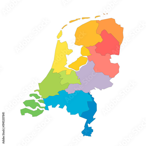Netherlands political map of administrative divisions - provinces. Rainbow spectrum colorful blank vector map.