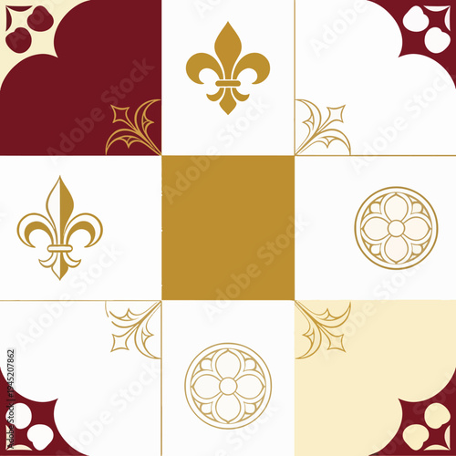 Geometric pattern with fleur de lis and floral designs