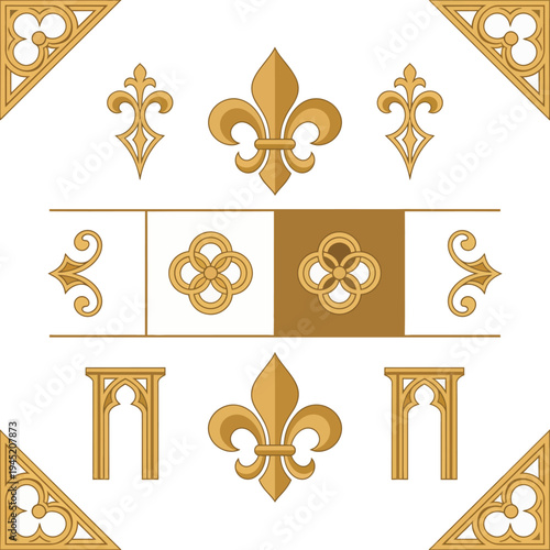 Geometric pattern with fleur de lis and ornate decorative elements