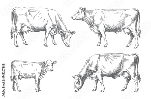 Vintage farm cattle illustrations in detailed ink engraving line art. Rural livestock cows illustrated in monochrome ink sketch technique.
