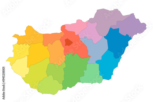 Hungary political map of administrative divisions - counties and autonomous city of Budapest. Rainbow spectrum colorful blank vector map.