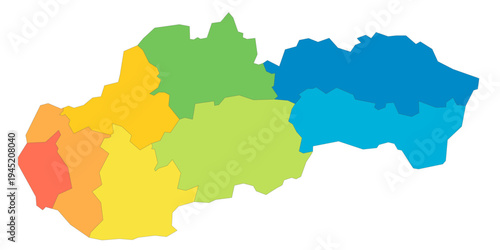 Slovakia political map of administrative divisions - regions. Rainbow spectrum colorful blank vector map.