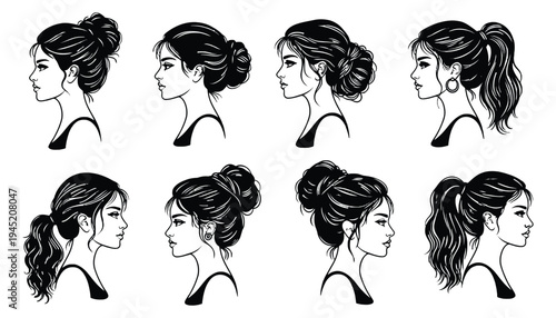 A woman with various hairstyles in black and white illustration