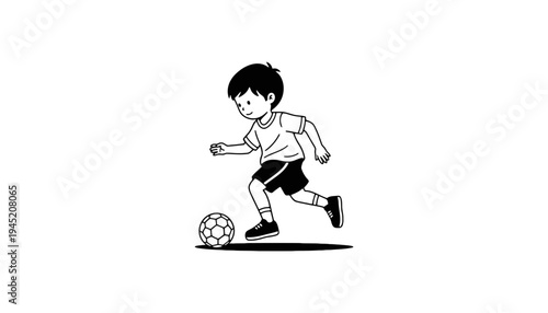 A boy playing soccer with a black and white illustration style