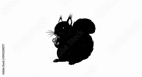 Black squirrel with bushy tail eating a nut