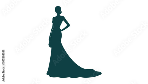 A woman in a long elegant dress standing confidently in silhouette