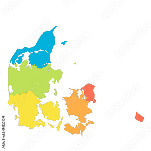 Denmark political map of administrative divisions - regions. Rainbow spectrum colorful blank vector map.