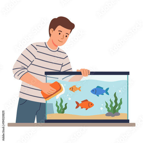 Man cleaning aquarium tank with fish inside at home