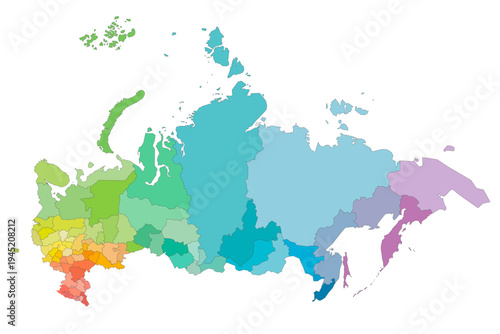 Russia political map of administrative divisions - oblasts, republics, autonomous okrugs, krais, autonomous oblast and 2 federal cities of Moscow and Saint Petersburg. Rainbow spectrum colorful blank