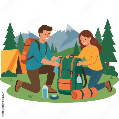 Couple packing backpacks for hiking adventure in mountains with tent