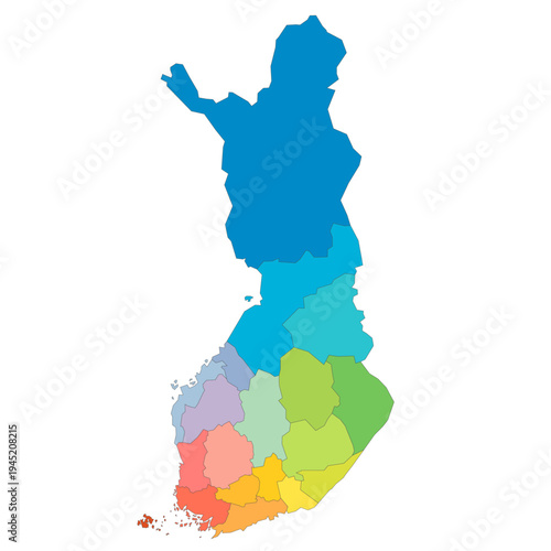 Finland political map of administrative divisions - regions and one autonomous region of Aland. Rainbow spectrum colorful blank vector map.