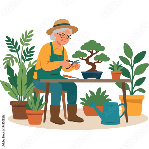 An elderly woman gardener prunes a bonsai tree on a table surrounded by plants.